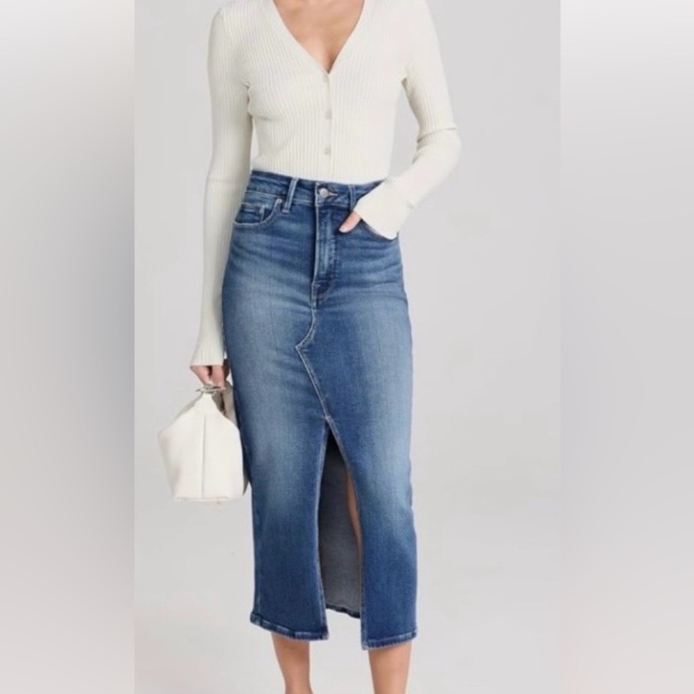 Good American Front Slit Denim Midi Skirt